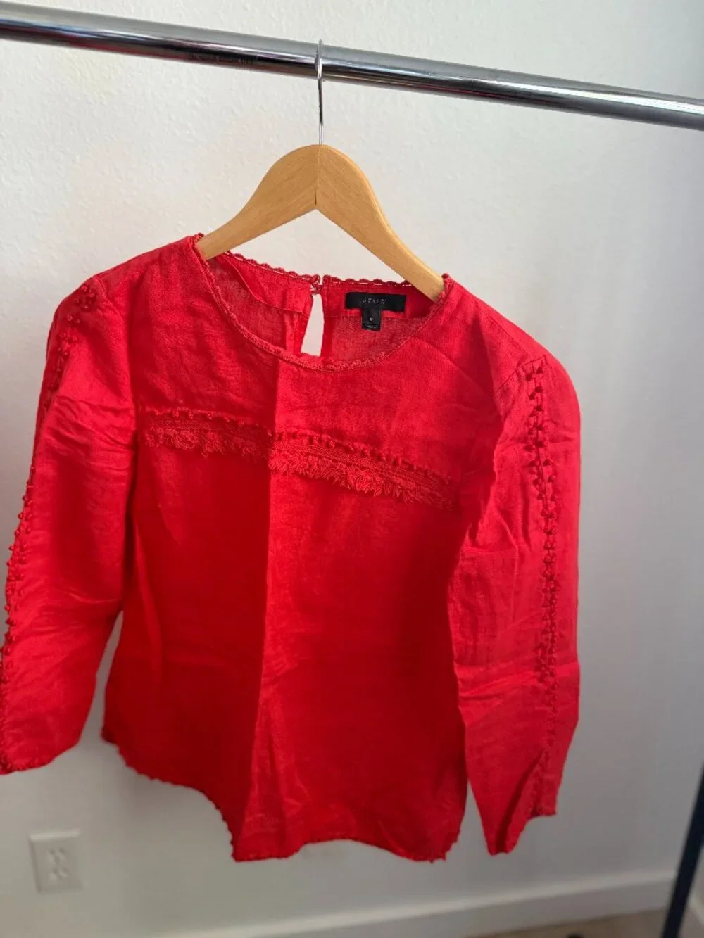 J.Crew Red Linen Lace Fringe Trim Long Sleeve Blouse Top Keyhole Back Size 0